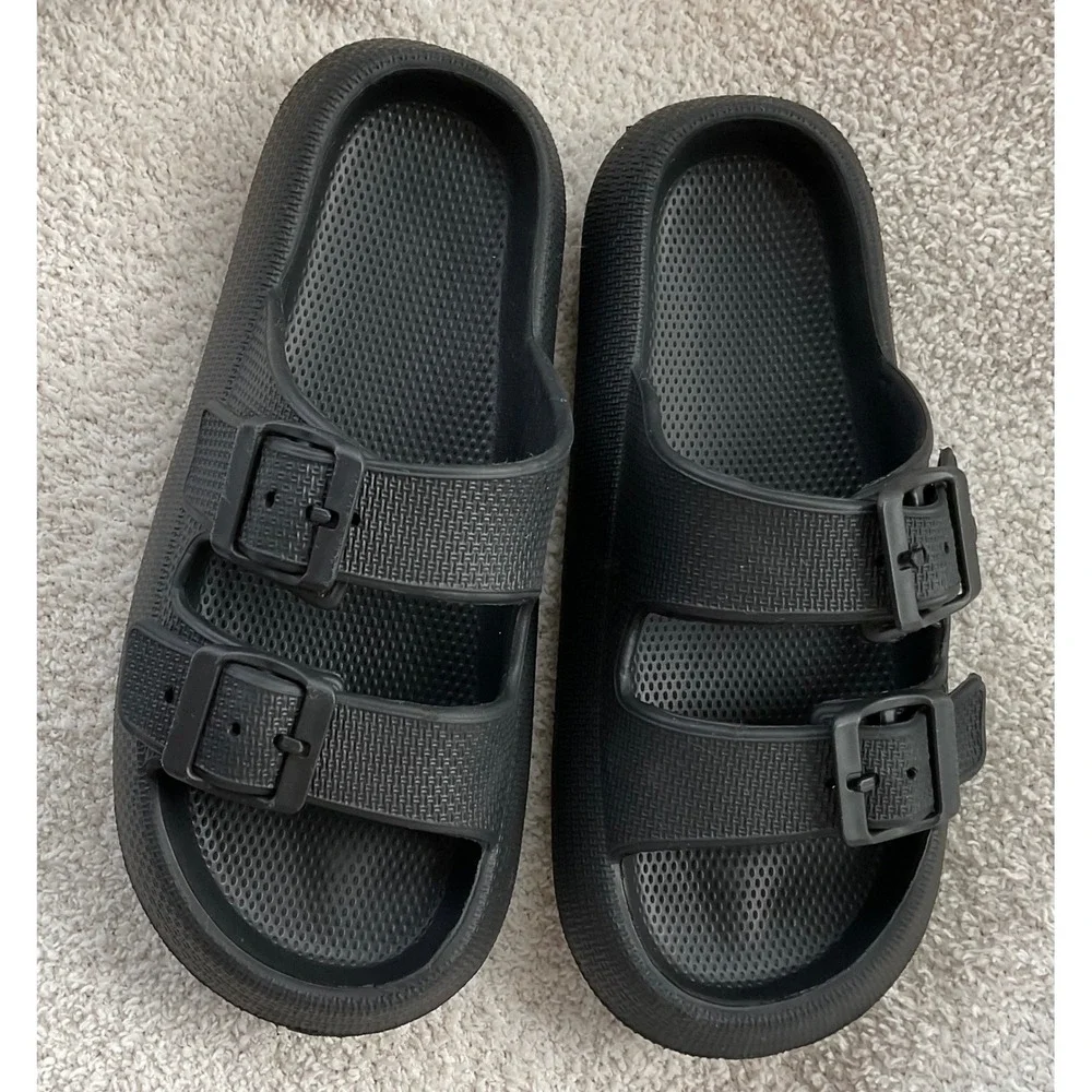 Kids Black Double Buckle Slides Sandals‎ Beach Pool Comfort Slides Size 36-37